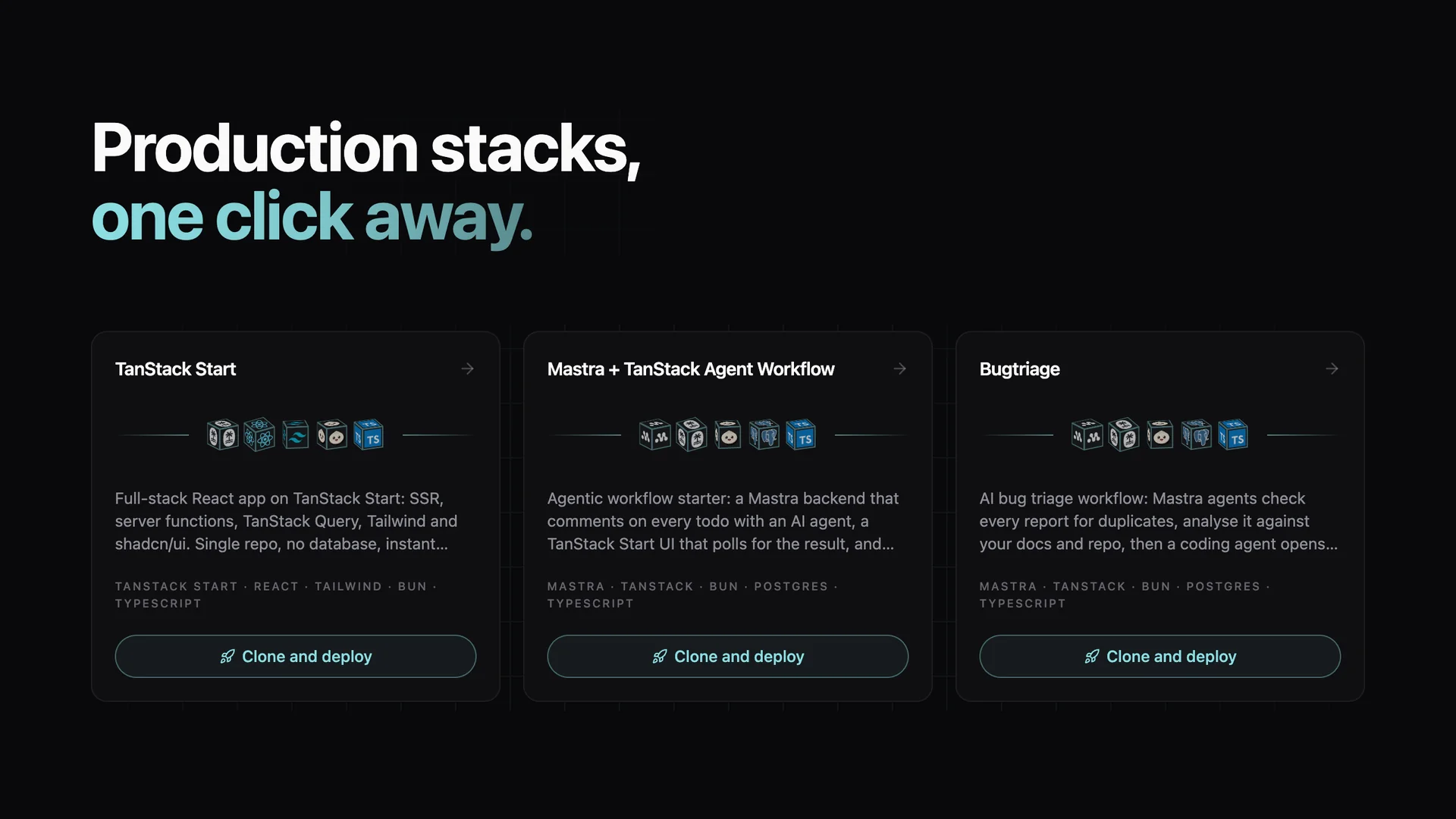 The Rock8Cloud blueprint catalog: Production stacks, one click away, with the TanStack Start, Mastra + TanStack Agent Workflow and Bugtriage blueprints, each with a Clone and deploy button.