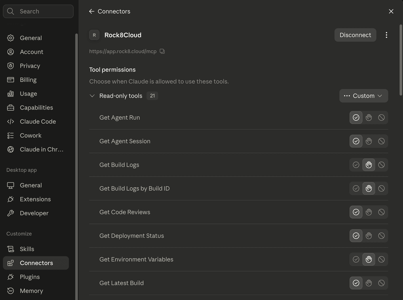 The Rock8Cloud connector and its tool permissions in Claude Desktop