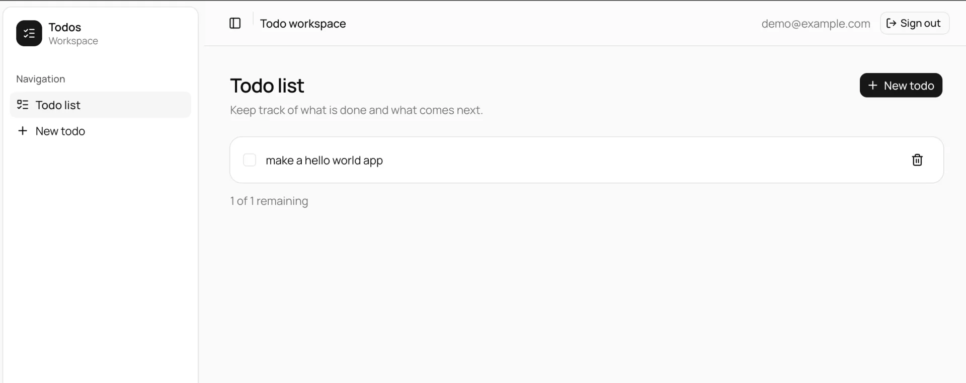 The deployed dashboard signed in as demo@example.com, showing the todo list