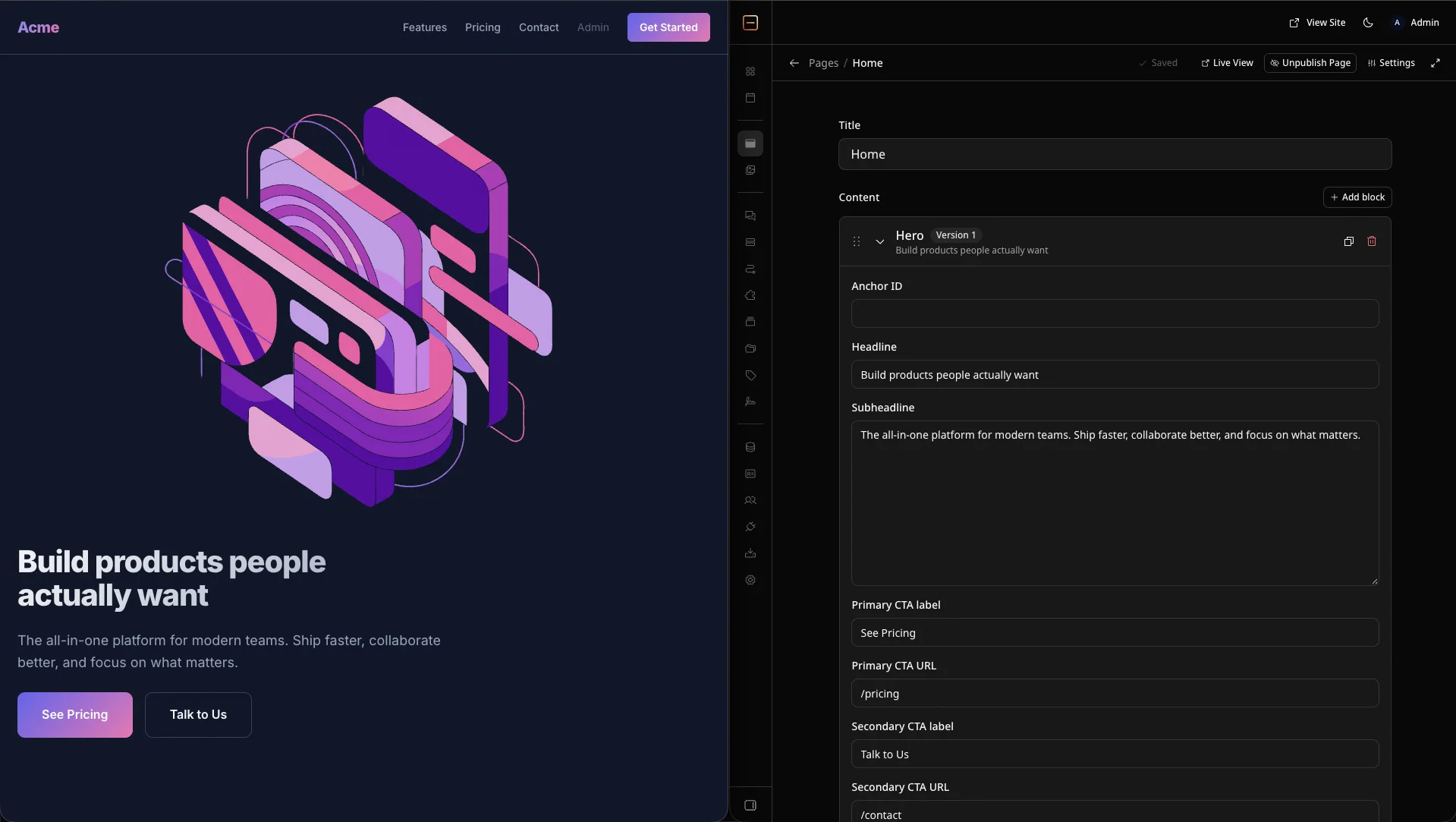 The Acme demo landing page next to the EmDash admin editing its Hero block