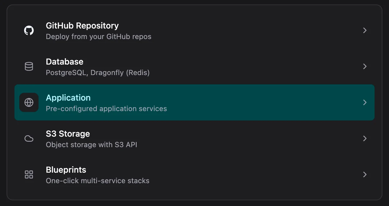 The Add Service menu on Rock8Cloud with the Application option highlighted