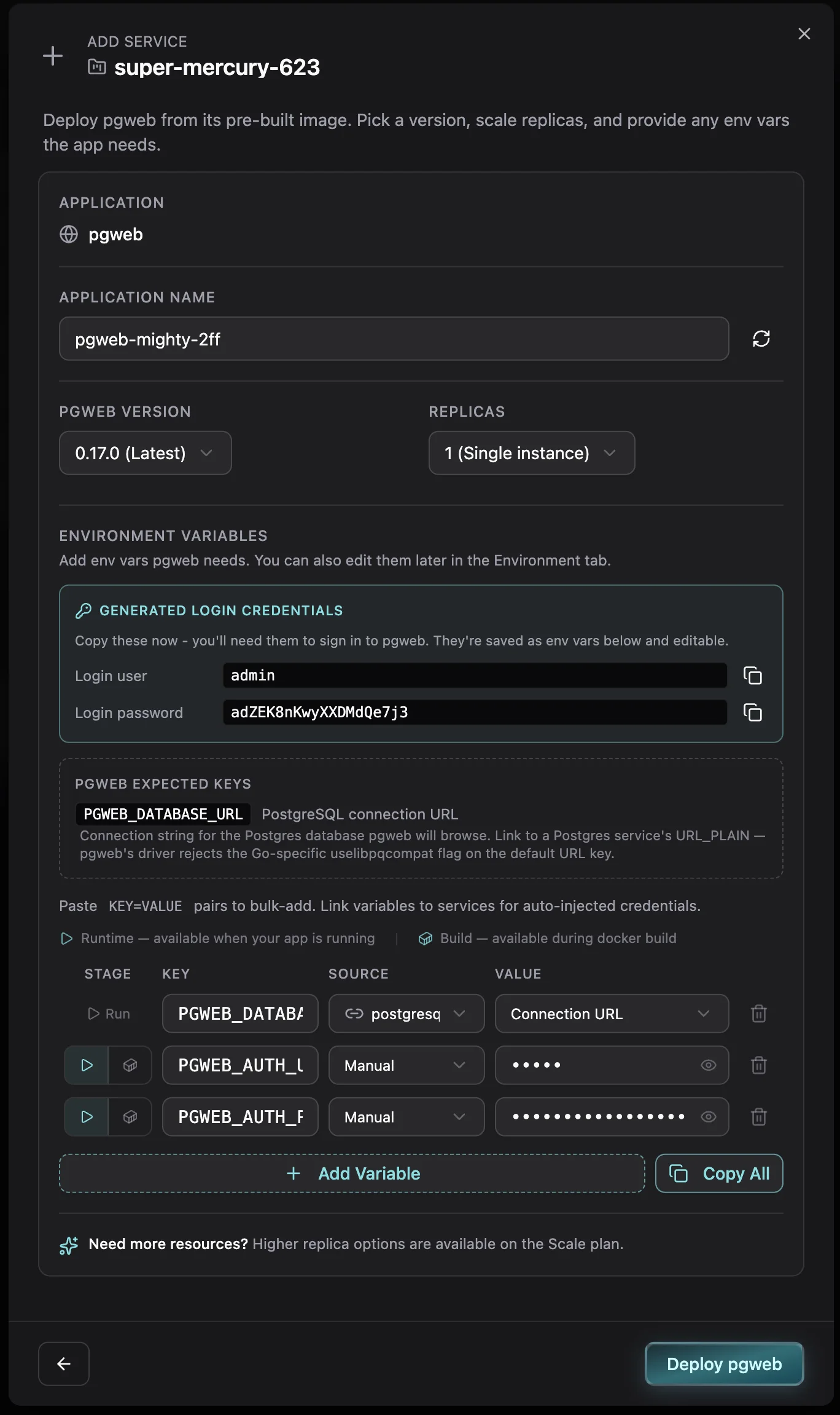 The pgweb add-service panel showing version, replicas, generated login credentials and the PGWEB_DATABASE_URL variable linked to a PostgreSQL service
