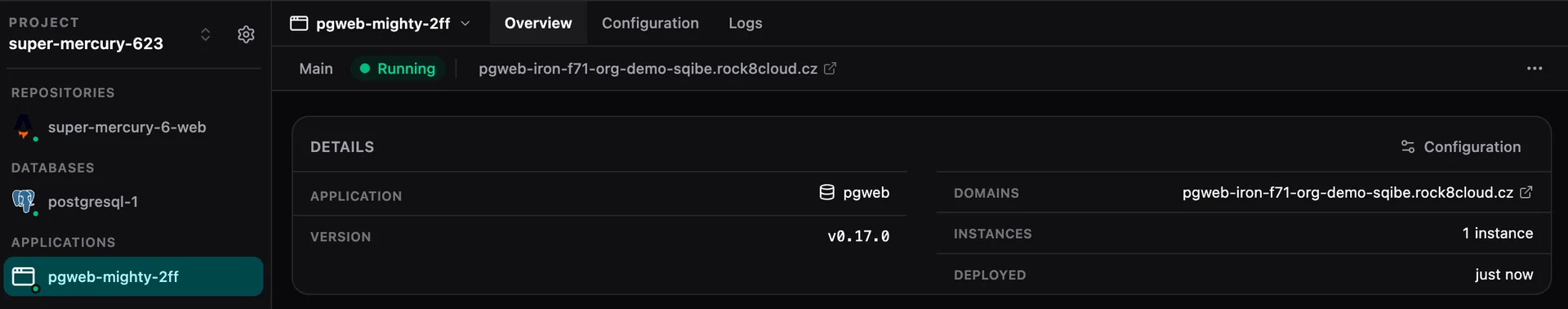 The Rock8Cloud project overview with pgweb running and its public URL, listed alongside the postgresql-1 database