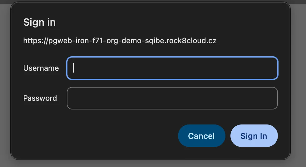 The browser sign-in prompt on the deployed pgweb URL asking for a username and password
