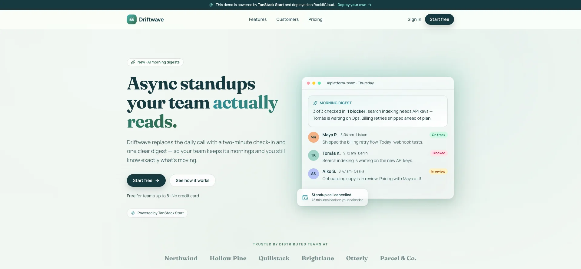 The Driftwave demo landing page the TanStack Start blueprint deploys, with a hero headline and a morning digest card