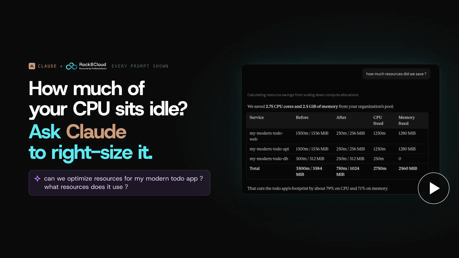 Video poster: How much of your CPU sits idle? Ask Claude to right-size it, with the savings table Claude produced.